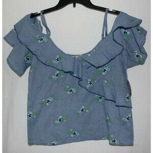 Gypsies & Moondust Juniors Off-The-Shoulder Top Blue Checker Floral Size L